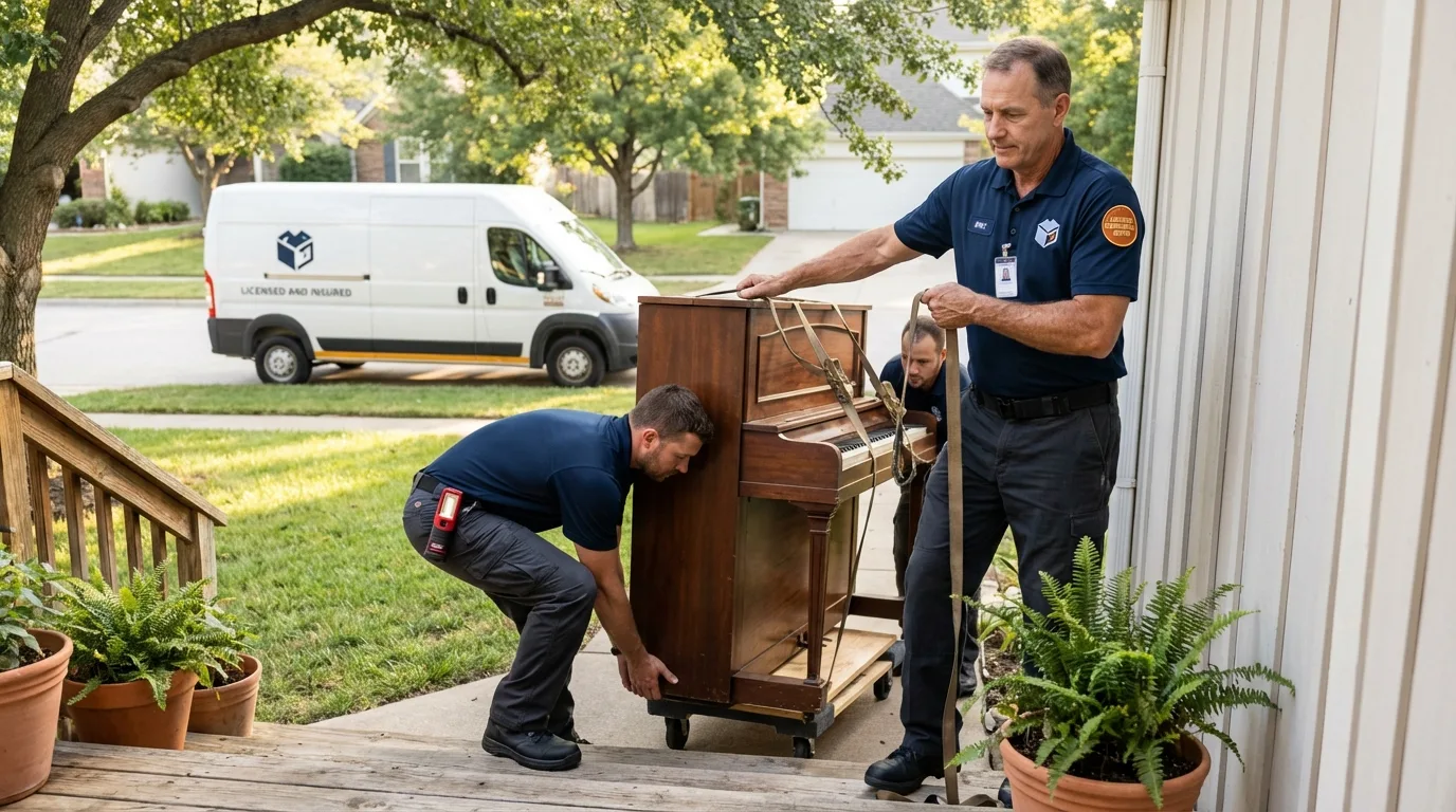 Licensed piano movers securing grand piano in Pine Ridge, SD