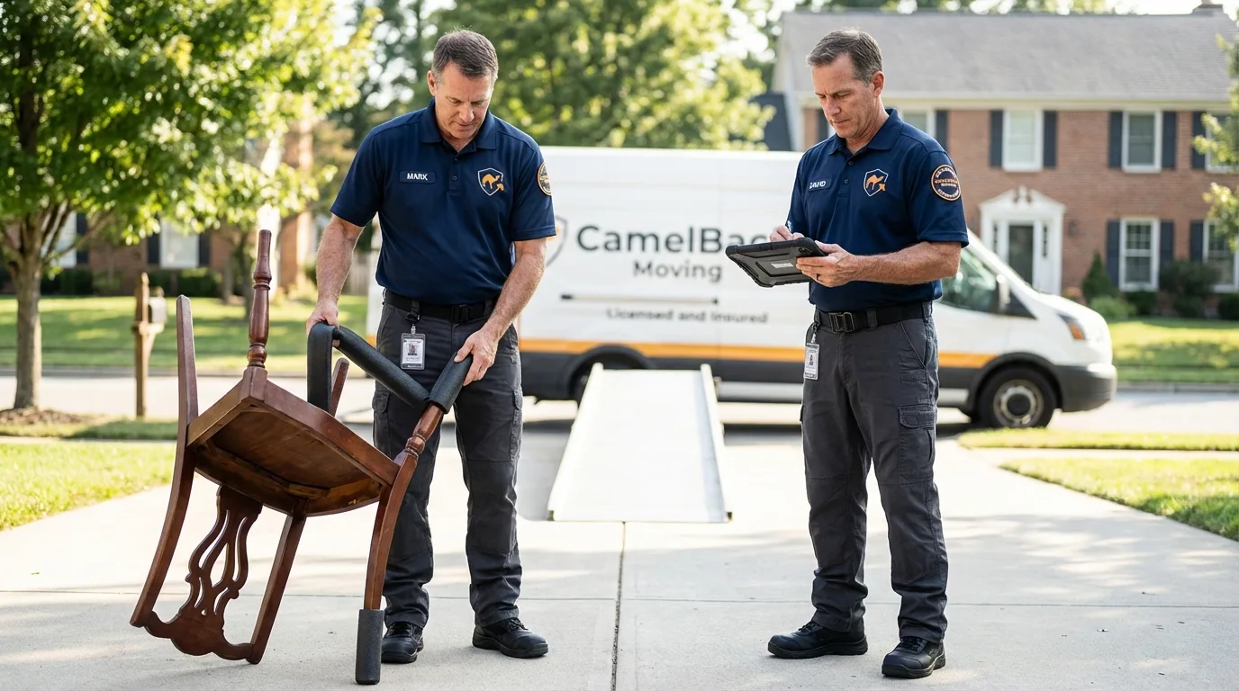 Movers inspecting furniture for damage prevention before loading in Pine Ridge, SD