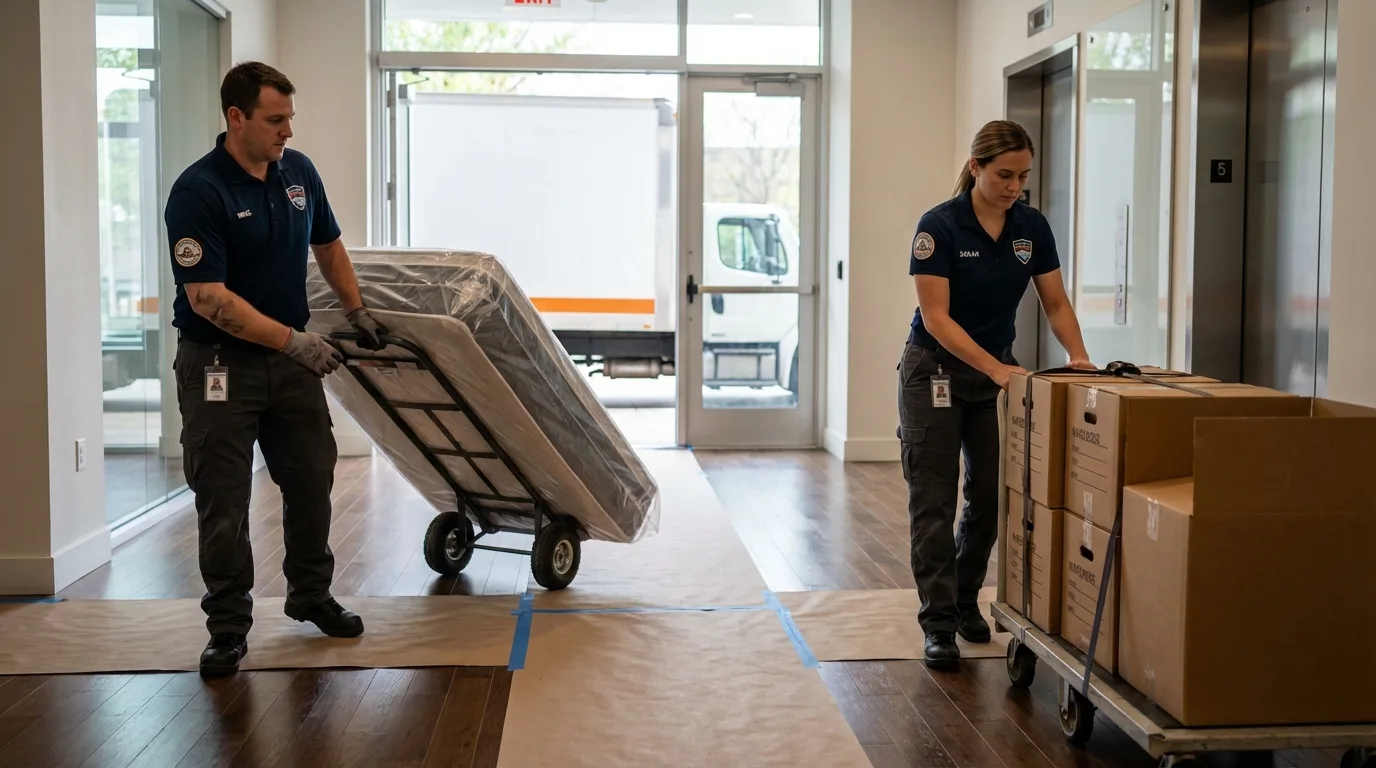 Professional apartment movers loading elevator in Pine Ridge, SD