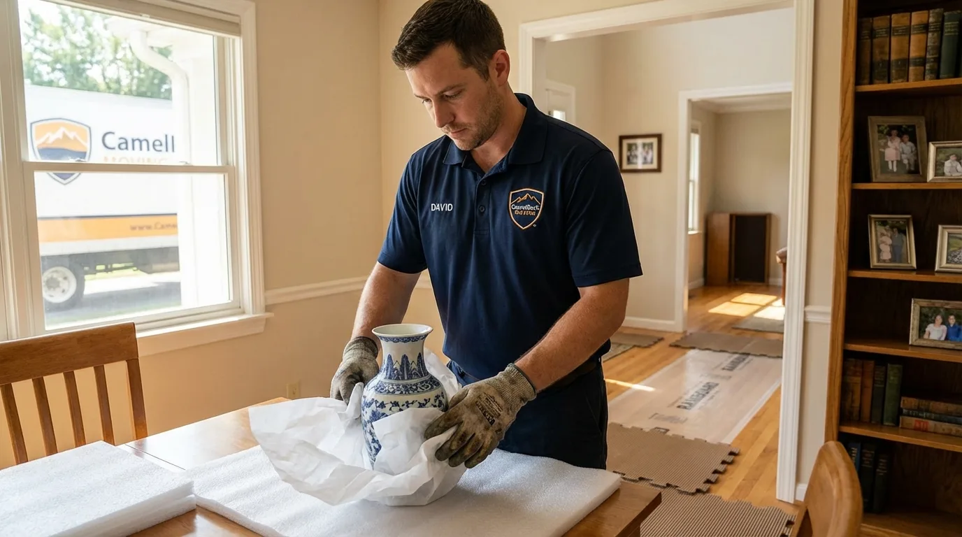 Professional crew carefully wrapping antique vase for senior downsizing move in Pine Ridge, SD